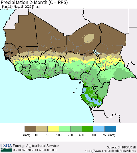 Western Africa Precipitation 2-Month (CHIRPS) Thematic Map For 3/16/2022 - 5/15/2022