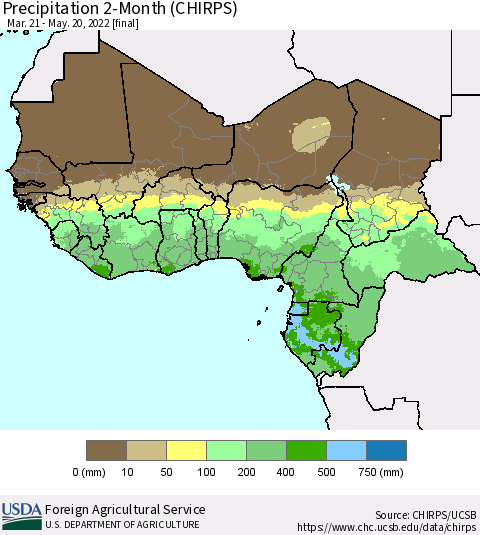 Western Africa Precipitation 2-Month (CHIRPS) Thematic Map For 3/21/2022 - 5/20/2022
