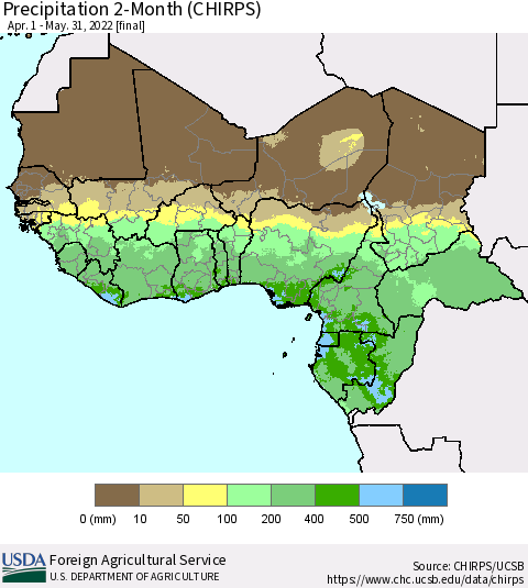 Western Africa Precipitation 2-Month (CHIRPS) Thematic Map For 4/1/2022 - 5/31/2022