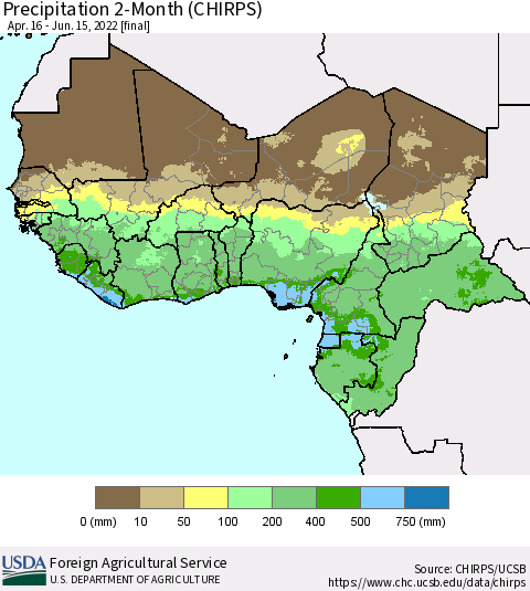 Western Africa Precipitation 2-Month (CHIRPS) Thematic Map For 4/16/2022 - 6/15/2022