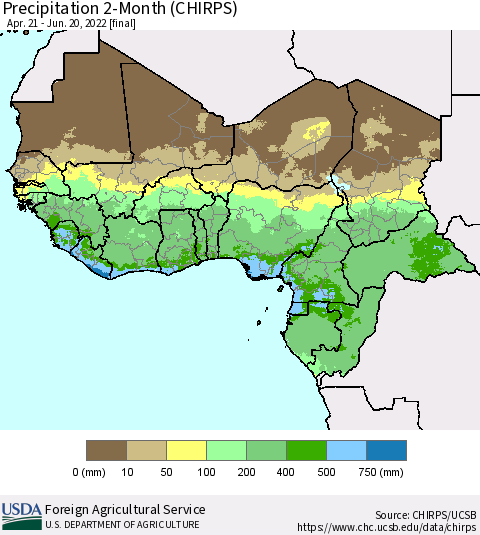 Western Africa Precipitation 2-Month (CHIRPS) Thematic Map For 4/21/2022 - 6/20/2022