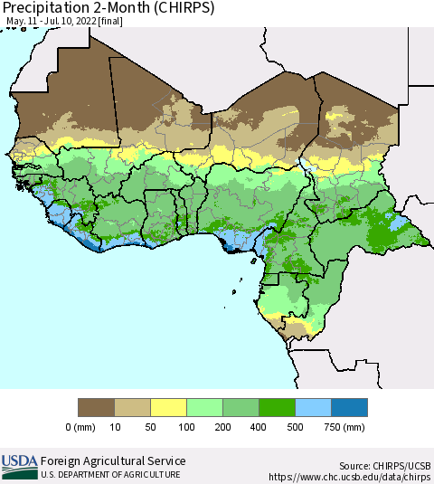Western Africa Precipitation 2-Month (CHIRPS) Thematic Map For 5/11/2022 - 7/10/2022