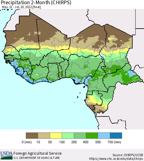 Western Africa Precipitation 2-Month (CHIRPS) Thematic Map For 5/21/2022 - 7/20/2022