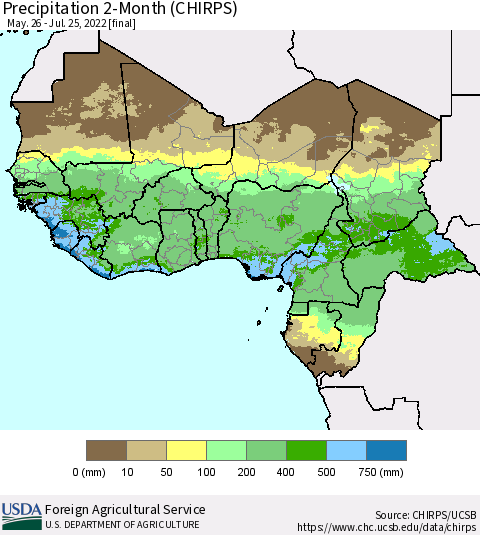 Western Africa Precipitation 2-Month (CHIRPS) Thematic Map For 5/26/2022 - 7/25/2022