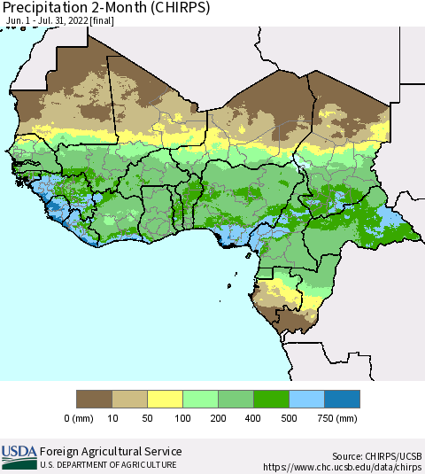Western Africa Precipitation 2-Month (CHIRPS) Thematic Map For 6/1/2022 - 7/31/2022