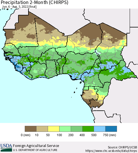 Western Africa Precipitation 2-Month (CHIRPS) Thematic Map For 6/6/2022 - 8/5/2022