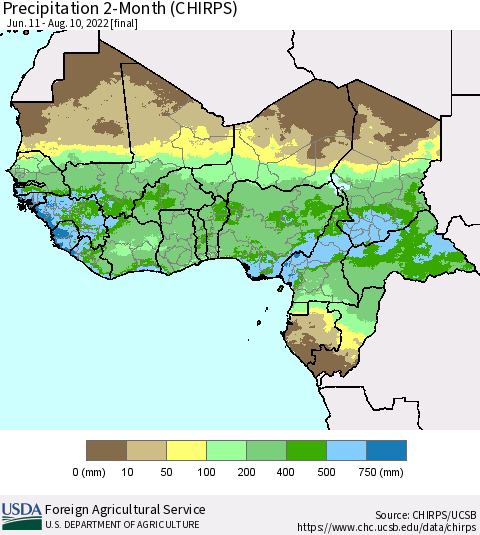 Western Africa Precipitation 2-Month (CHIRPS) Thematic Map For 6/11/2022 - 8/10/2022