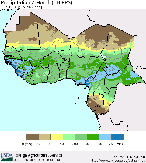 Western Africa Precipitation 2-Month (CHIRPS) Thematic Map For 6/16/2022 - 8/15/2022