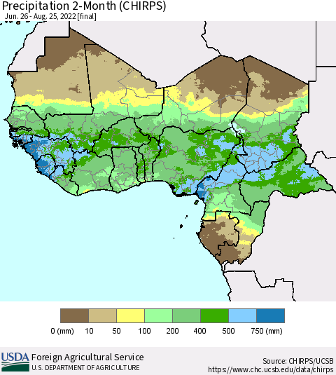 Western Africa Precipitation 2-Month (CHIRPS) Thematic Map For 6/26/2022 - 8/25/2022