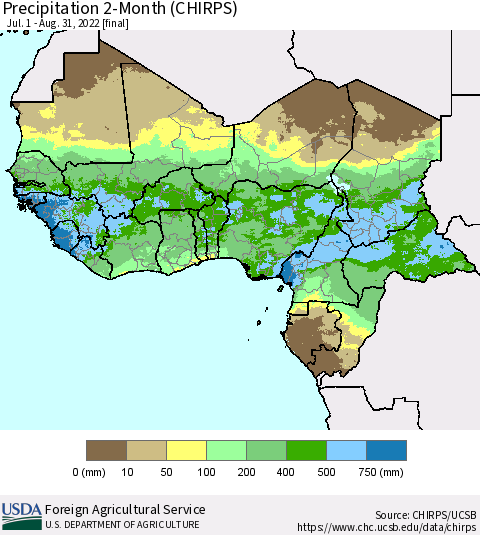 Western Africa Precipitation 2-Month (CHIRPS) Thematic Map For 7/1/2022 - 8/31/2022