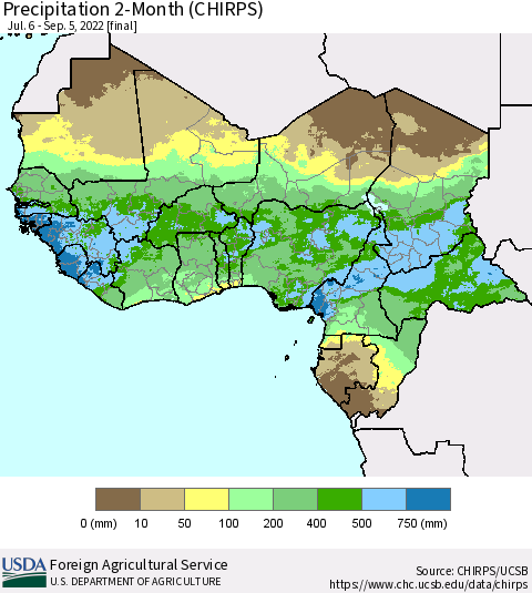 Western Africa Precipitation 2-Month (CHIRPS) Thematic Map For 7/6/2022 - 9/5/2022