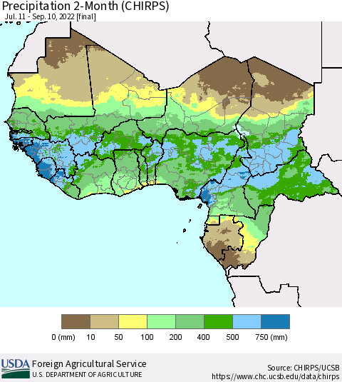 Western Africa Precipitation 2-Month (CHIRPS) Thematic Map For 7/11/2022 - 9/10/2022