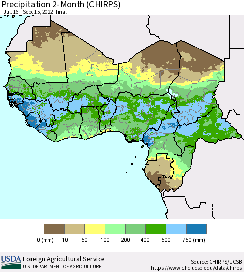 Western Africa Precipitation 2-Month (CHIRPS) Thematic Map For 7/16/2022 - 9/15/2022