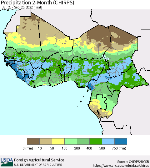 Western Africa Precipitation 2-Month (CHIRPS) Thematic Map For 7/26/2022 - 9/25/2022