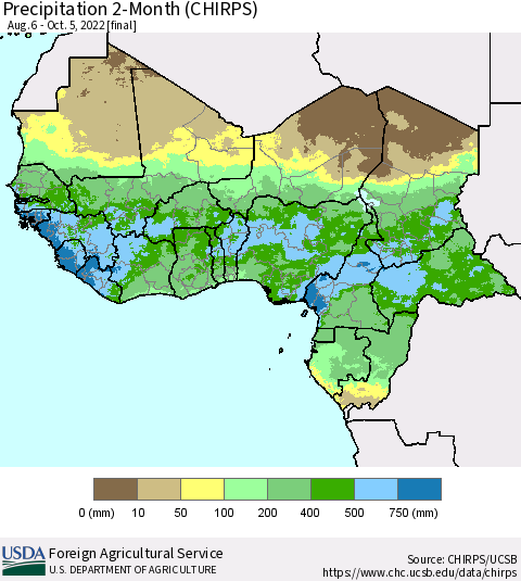 Western Africa Precipitation 2-Month (CHIRPS) Thematic Map For 8/6/2022 - 10/5/2022