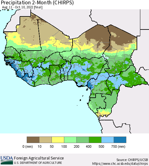 Western Africa Precipitation 2-Month (CHIRPS) Thematic Map For 8/11/2022 - 10/10/2022