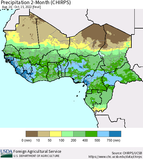 Western Africa Precipitation 2-Month (CHIRPS) Thematic Map For 8/16/2022 - 10/15/2022