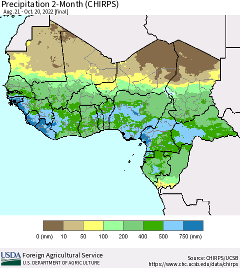 Western Africa Precipitation 2-Month (CHIRPS) Thematic Map For 8/21/2022 - 10/20/2022