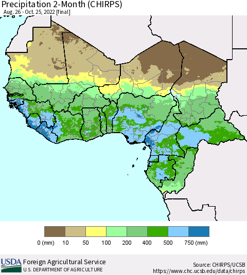 Western Africa Precipitation 2-Month (CHIRPS) Thematic Map For 8/26/2022 - 10/25/2022