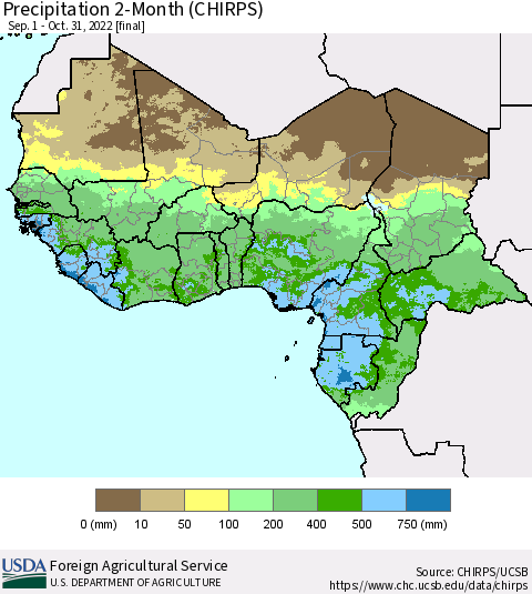 Western Africa Precipitation 2-Month (CHIRPS) Thematic Map For 9/1/2022 - 10/31/2022
