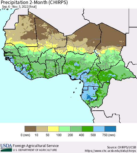 Western Africa Precipitation 2-Month (CHIRPS) Thematic Map For 9/6/2022 - 11/5/2022
