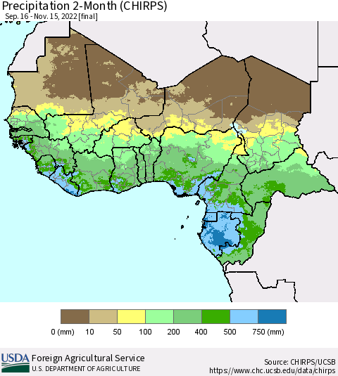 Western Africa Precipitation 2-Month (CHIRPS) Thematic Map For 9/16/2022 - 11/15/2022
