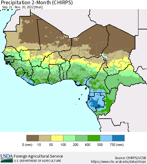Western Africa Precipitation 2-Month (CHIRPS) Thematic Map For 9/21/2022 - 11/20/2022