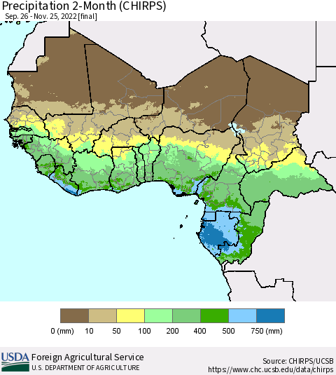 Western Africa Precipitation 2-Month (CHIRPS) Thematic Map For 9/26/2022 - 11/25/2022