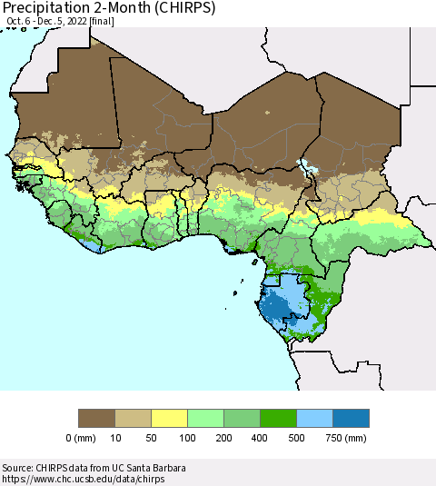 Western Africa Precipitation 2-Month (CHIRPS) Thematic Map For 10/6/2022 - 12/5/2022