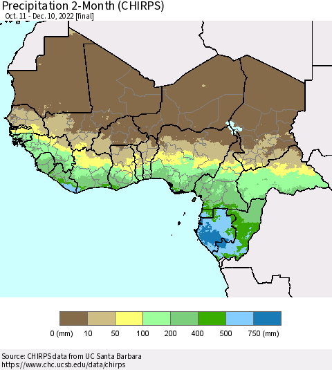 Western Africa Precipitation 2-Month (CHIRPS) Thematic Map For 10/11/2022 - 12/10/2022