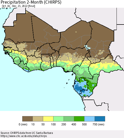 Western Africa Precipitation 2-Month (CHIRPS) Thematic Map For 10/16/2022 - 12/15/2022
