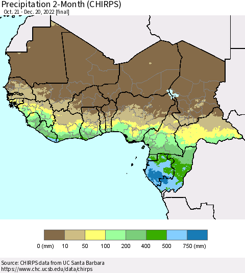Western Africa Precipitation 2-Month (CHIRPS) Thematic Map For 10/21/2022 - 12/20/2022