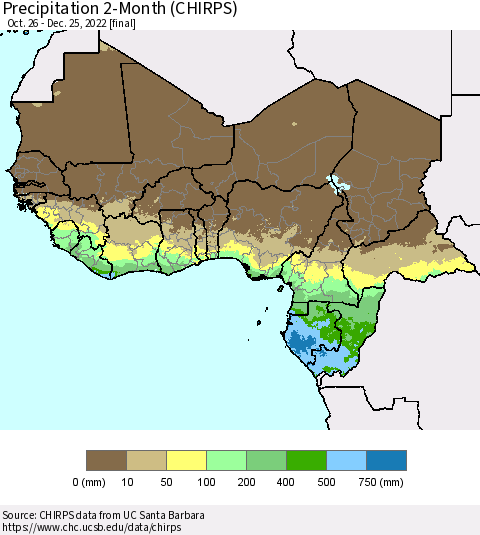 Western Africa Precipitation 2-Month (CHIRPS) Thematic Map For 10/26/2022 - 12/25/2022