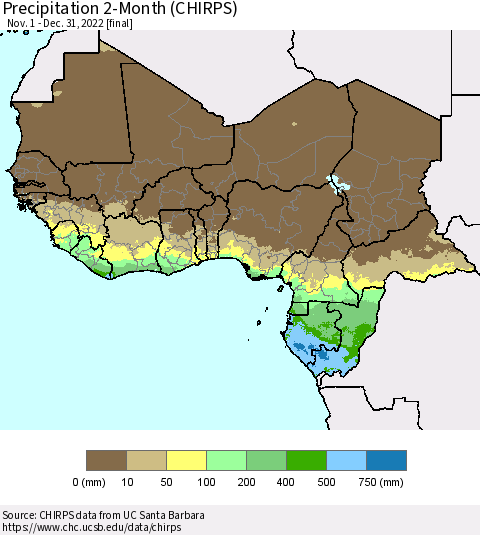 Western Africa Precipitation 2-Month (CHIRPS) Thematic Map For 11/1/2022 - 12/31/2022