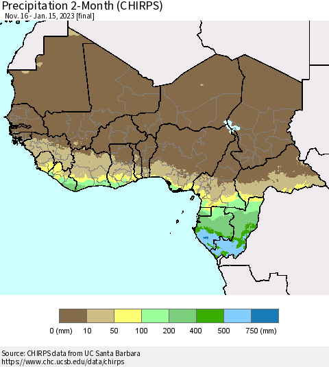 Western Africa Precipitation 2-Month (CHIRPS) Thematic Map For 11/16/2022 - 1/15/2023