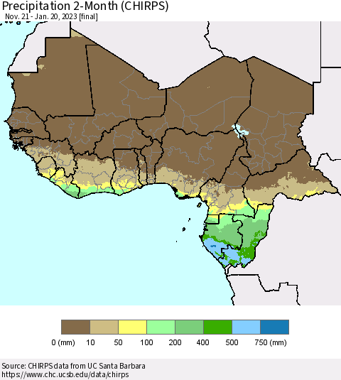 Western Africa Precipitation 2-Month (CHIRPS) Thematic Map For 11/21/2022 - 1/20/2023