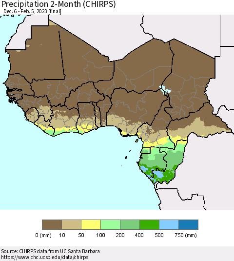 Western Africa Precipitation 2-Month (CHIRPS) Thematic Map For 12/6/2022 - 2/5/2023