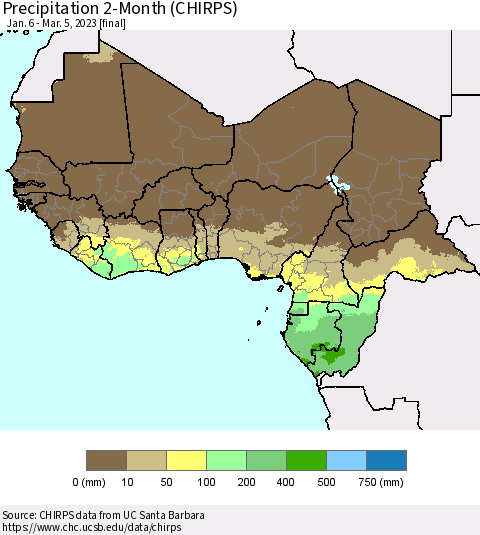 Western Africa Precipitation 2-Month (CHIRPS) Thematic Map For 1/6/2023 - 3/5/2023