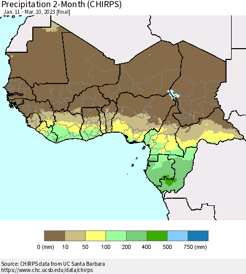 Western Africa Precipitation 2-Month (CHIRPS) Thematic Map For 1/11/2023 - 3/10/2023