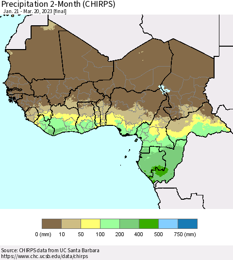 Western Africa Precipitation 2-Month (CHIRPS) Thematic Map For 1/21/2023 - 3/20/2023