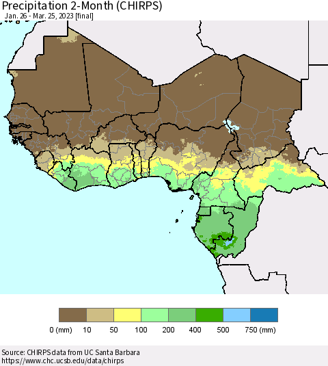 Western Africa Precipitation 2-Month (CHIRPS) Thematic Map For 1/26/2023 - 3/25/2023