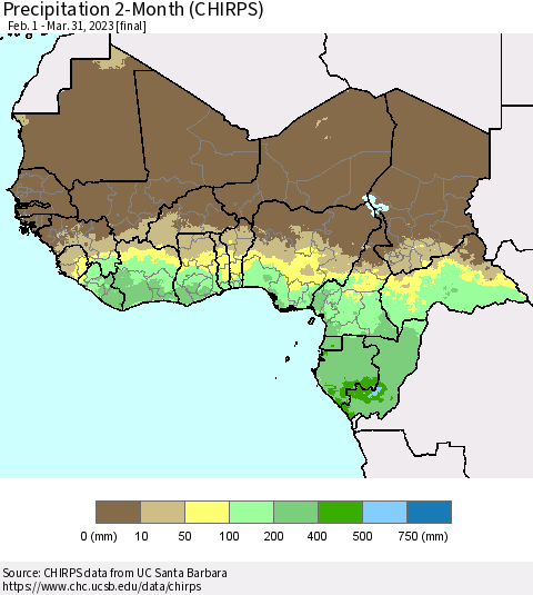 Western Africa Precipitation 2-Month (CHIRPS) Thematic Map For 2/1/2023 - 3/31/2023