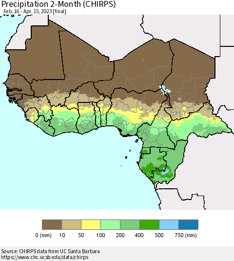 Western Africa Precipitation 2-Month (CHIRPS) Thematic Map For 2/16/2023 - 4/15/2023