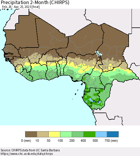 Western Africa Precipitation 2-Month (CHIRPS) Thematic Map For 2/26/2023 - 4/25/2023