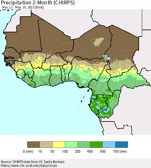Western Africa Precipitation 2-Month (CHIRPS) Thematic Map For 3/11/2023 - 5/10/2023