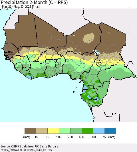 Western Africa Precipitation 2-Month (CHIRPS) Thematic Map For 3/21/2023 - 5/20/2023
