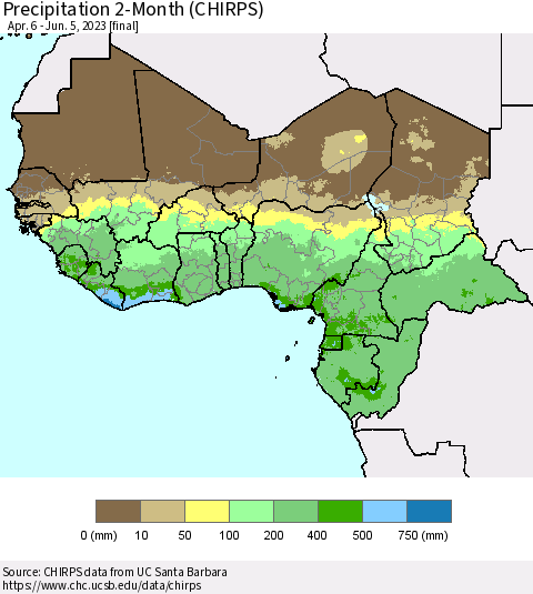Western Africa Precipitation 2-Month (CHIRPS) Thematic Map For 4/6/2023 - 6/5/2023
