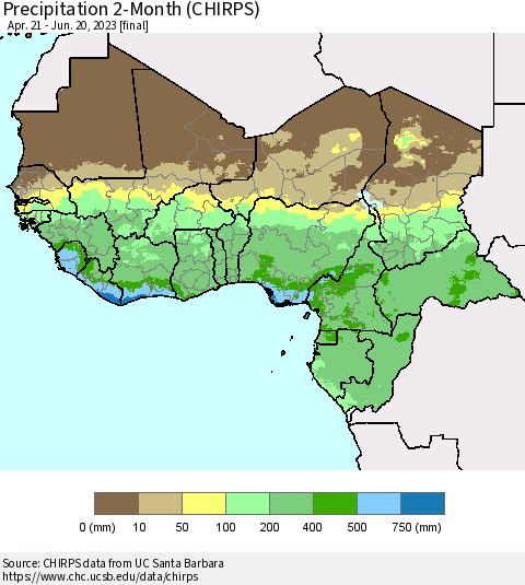Western Africa Precipitation 2-Month (CHIRPS) Thematic Map For 4/21/2023 - 6/20/2023