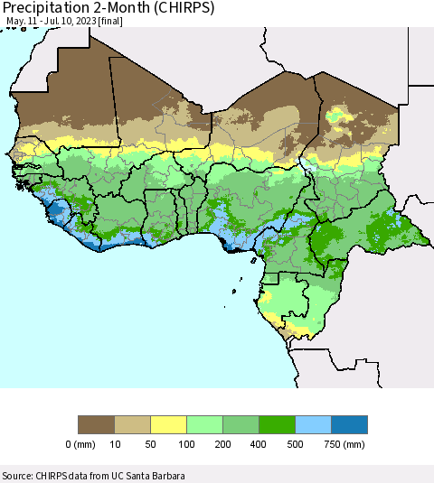 Western Africa Precipitation 2-Month (CHIRPS) Thematic Map For 5/11/2023 - 7/10/2023