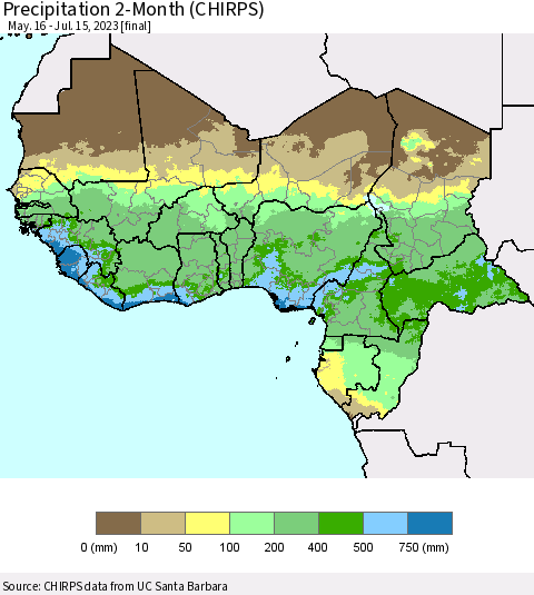 Western Africa Precipitation 2-Month (CHIRPS) Thematic Map For 5/16/2023 - 7/15/2023